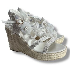 Moonest Ivory Lace Floral Bridal Shoes Peep Toe Espadrille Wedge Sandals